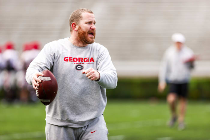 Fain and Billy Slaughter Co-Defensive Coordinator coach Glenn Schumann during Georgia’s spring practice on Dooley Field at Sanford Stadium in Athens, Ga., on Saturday, April 1, 2023. (Tony Walsh/UGAAA)
